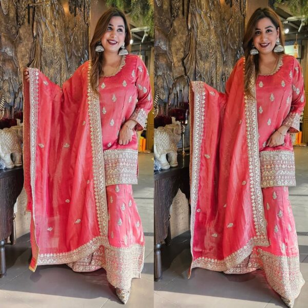 Peach Color Chinon Silk Fabric Palazzo Set