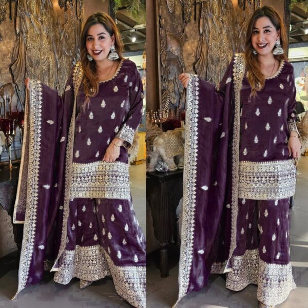Purple Color Chinon Silk Fabric Palazzo Set