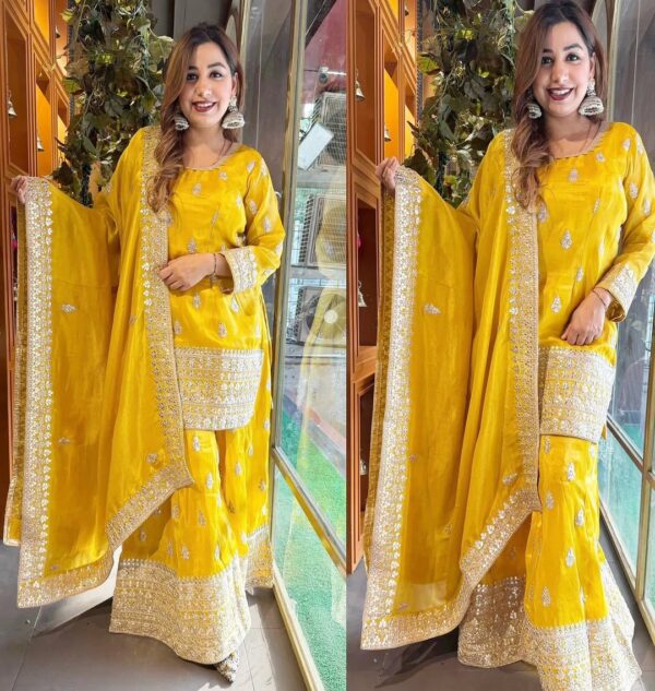 Yellow Color Chinon Silk Fabric Palazzo Set