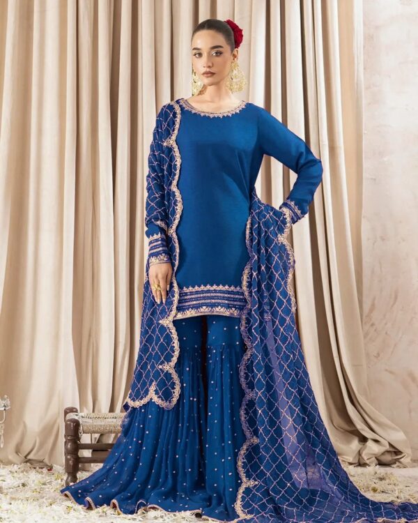 Ocean Blue Color Faux Georgette Fabric Sharara Set