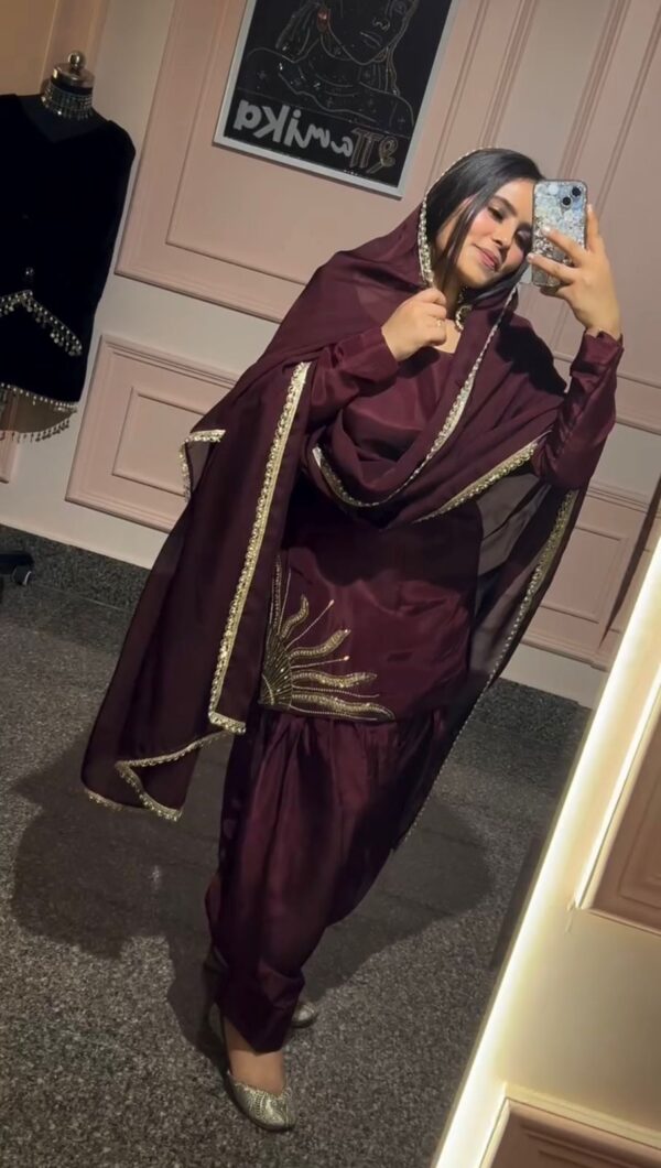 Wine Color Natural Crepe Silk Fabric Salwar Suit