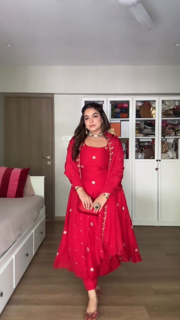 Red Color Faux Georgette Fabric Suit