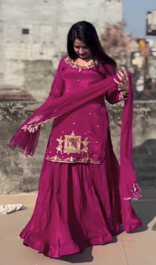 Dark Pink Color Natural Crepe Silk Fabric Top Lehenga Set