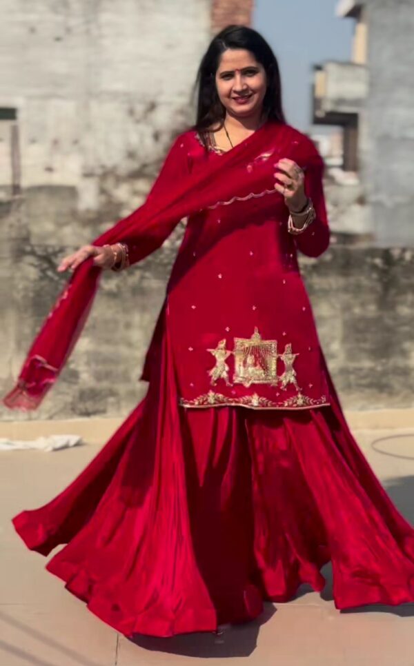 Red Color Natural Crepe Silk Fabric Top Lehenga Set
