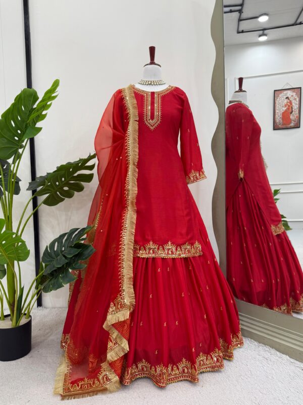 Red Color Chinon Silk Fabric Top Lehenga Set