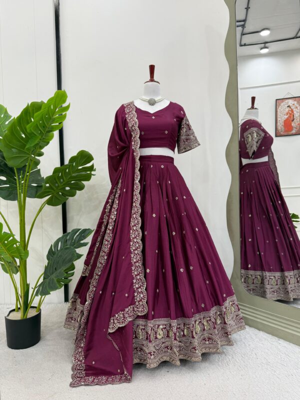 Dark Rani Pink Color Chinon Silk Fabric Lehenga