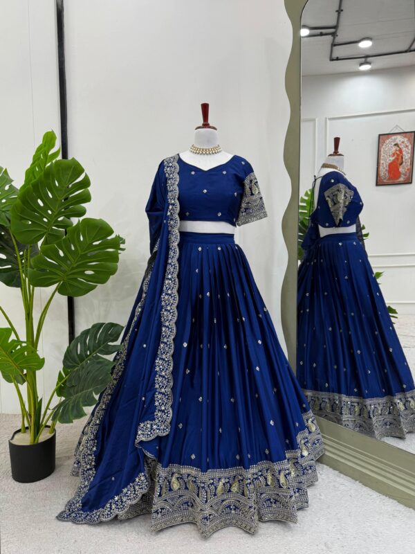 Navy Blue Color Chinon Silk Fabric Lehenga