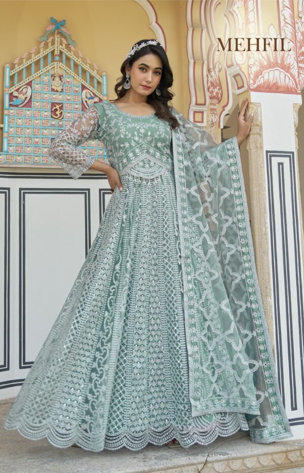 Sky Color Pure Butterfly Net Fabric Heavy Embroidery Work Suit