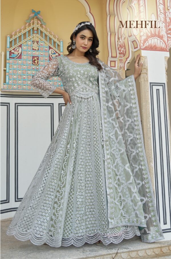 Green Color Pure Butterfly Net Fabric Heavy Embroidery Work Suit