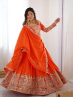 Orange Color Natural Crepe Silk Fabric Thread With Sequence Work Lehenga