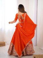 Orange Color Natural Crepe Silk Fabric Thread With Sequence Work Lehenga