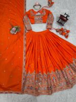 Orange Color Natural Crepe Silk Fabric Thread With Sequence Work Lehenga