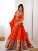 Orange Color Natural Crepe Silk Fabric Thread With Sequence Work Lehenga