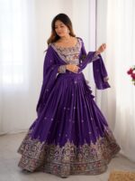 Purple Color Natural Crepe Silk Fabric Thread With Sequence Work Lehenga