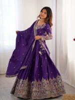 Purple Color Natural Crepe Silk Fabric Thread With Sequence Work Lehenga