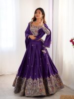 Purple Color Natural Crepe Silk Fabric Thread With Sequence Work Lehenga