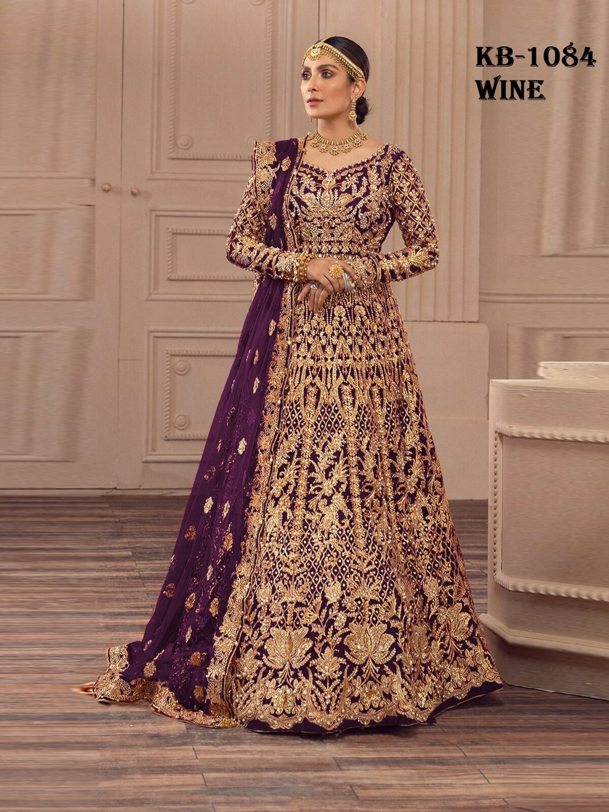 Wine Color Heavy Butterfly Net Beautiful Embroidery Work Bridal Suit