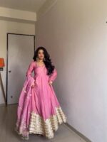 Baby Pink Color Chinon Fabric Thread With Sequence Work Suit