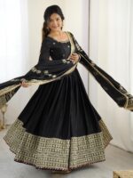 Black Color Chinon Silk Fabric Thread With Sequence Work Gown