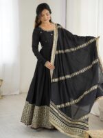 Black Color Chinon Silk Fabric Thread With Sequence Work Gown