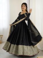 Black Color Chinon Silk Fabric Thread With Sequence Work Gown