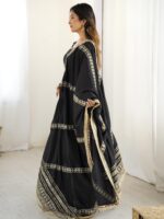 Black Color Chinon Silk Fabric Thread With Sequence Work Gown