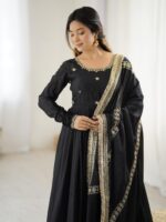 Black Color Chinon Silk Fabric Thread With Sequence Work Gown