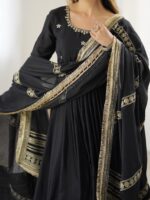 Black Color Chinon Silk Fabric Thread With Sequence Work Gown