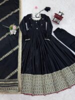 Black Color Chinon Silk Fabric Thread With Sequence Work Gown