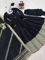 Black Color Chinon Silk Fabric Thread With Sequence Work Gown