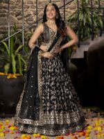 Black Color Dola Silk Jacquard Fabric Sequence And Jari Embroidery Work Lehenga