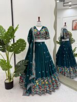 Dark Teal Blue Color Faux Georgette Fabric Lehenga