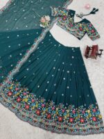 Dark Teal Blue Color Faux Georgette Fabric Lehenga