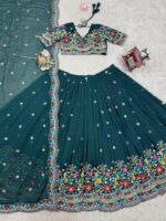 Dark Teal Blue Color Faux Georgette Fabric Lehenga