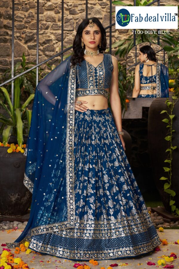 Dove Blue Color Dola Silk Jacquard Fabric Sequence And Jari Embroidery Work Lehenga