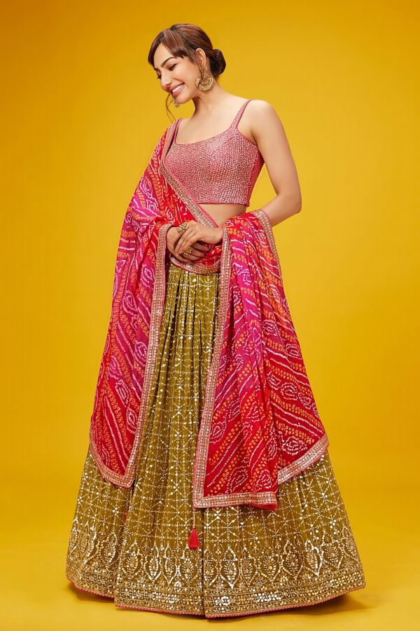Olive Pink Color Georgette Fabric Embroidery Work Lehenga