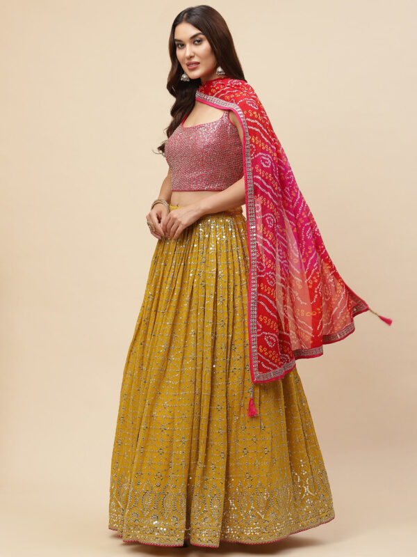 Yellow Pink Color Georgette Fabric Embroidery Work Lehenga