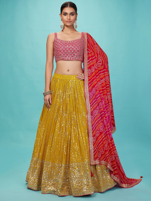 Yellow Pink Color Georgette Fabric Embroidery Work Lehenga