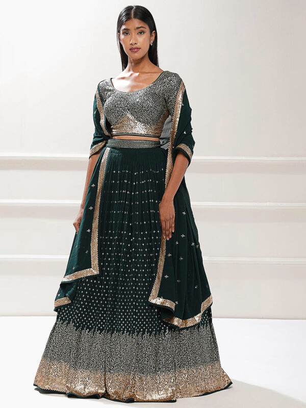 Green Color Georgette Fabric Embroidery Work Lehenga