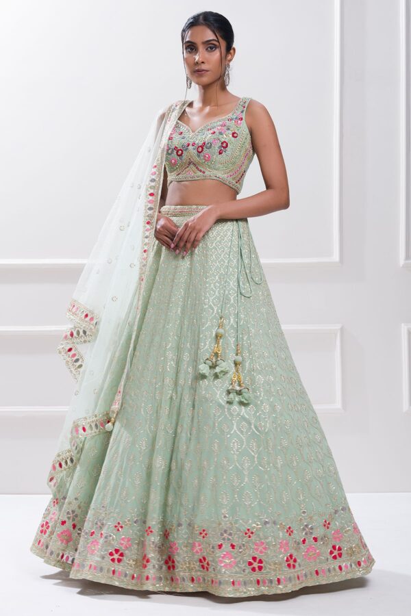Sky Blue Color Georgette Fabric Embroidery Work Lehenga