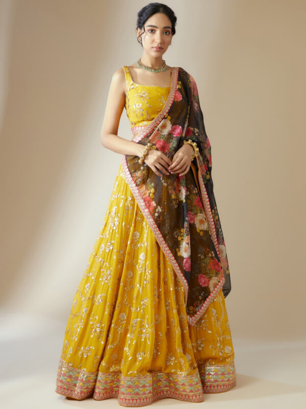 Yellow Black Color Georgette Fabric Embroidery Work Lehenga