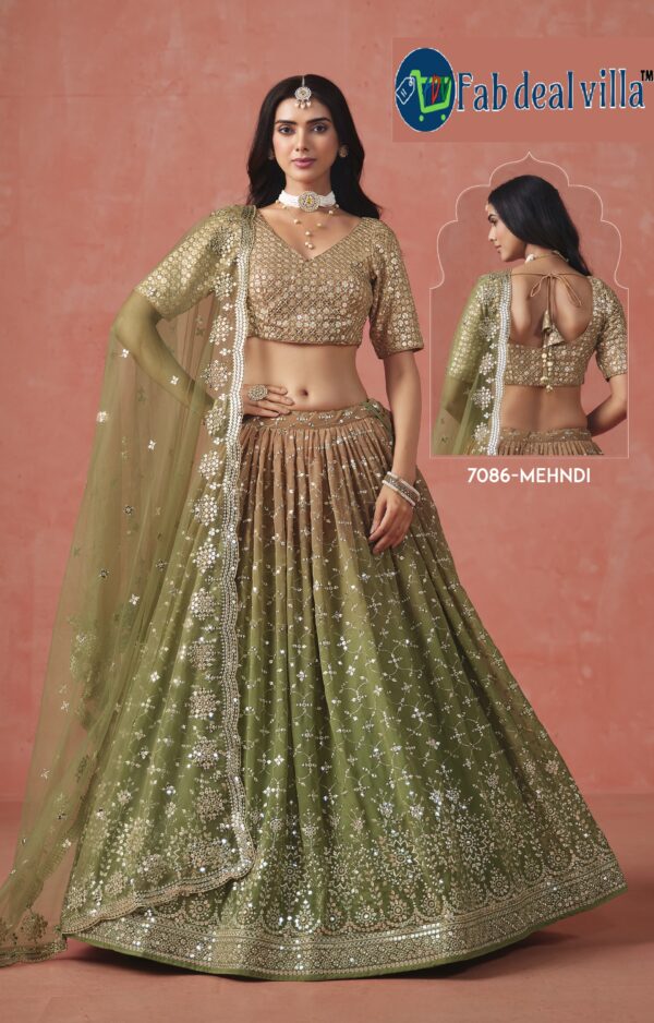 Mehandi Color Georgette Fabric Embroidery Sequence Work Lehenga