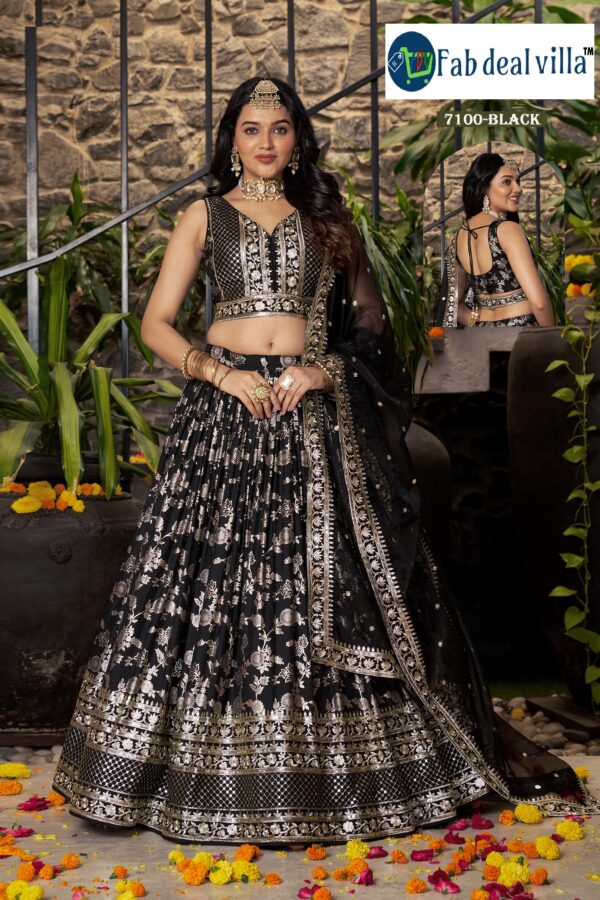 Black Color Dola Silk Jacquard Fabric Embroidery Work Lehenga