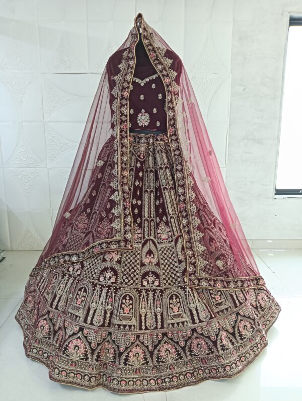 Dark Maroon Heavy Velvet Fabric With Double Dupatta Embroidery Work Bridal Lehenga