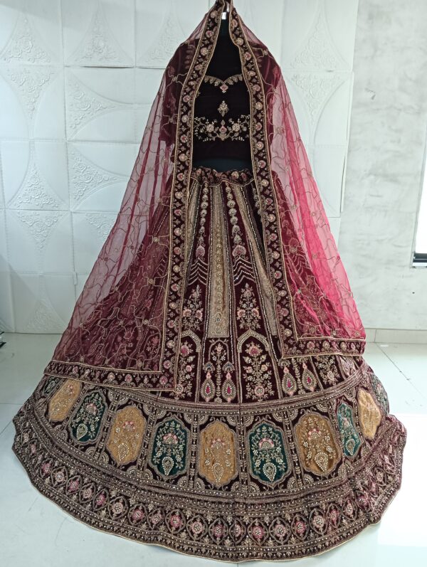 Dark Maroon Heavy Velvet Fabric With Double Dupatta Embroidery Work Bridal Lehenga