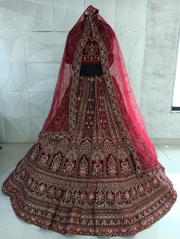 Maroon Heavy Velvet Fabric With Double Dupatta Embroidery Work Bridal Lehenga
