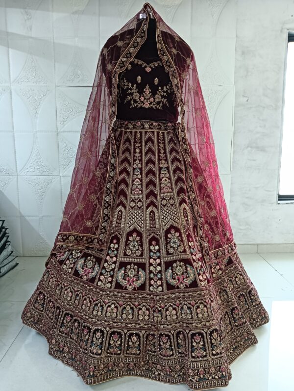 Dark Maroon Heavy Velvet Fabric With Double Dupatta Embroidery Work Bridal Lehenga