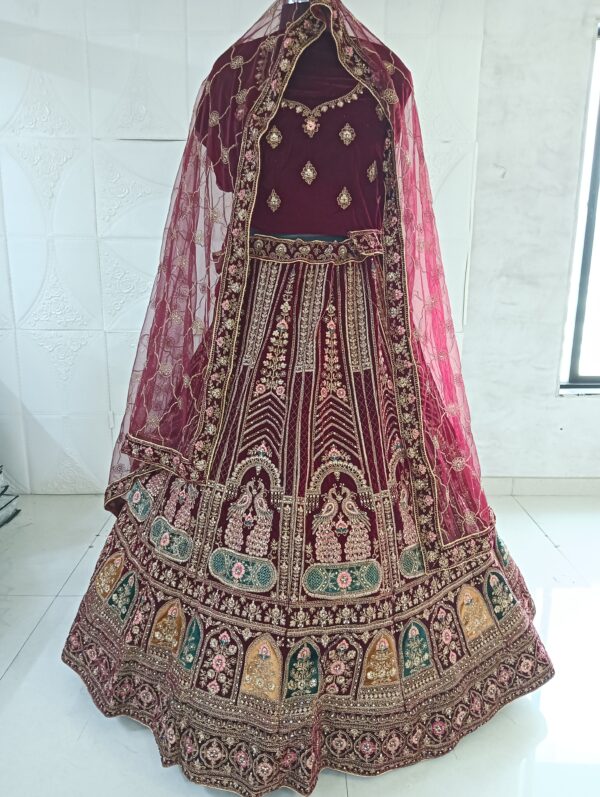 Dark Maroon Heavy Velvet Fabric With Double Dupatta Embroidery Work Bridal Lehenga