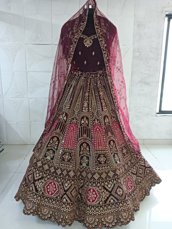 Dark Maroon Heavy Velvet Fabric With Double Dupatta Embroidery Work Bridal Lehenga