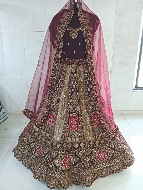 Dark Maroon Heavy Velvet Fabric With Double Dupatta Embroidery Work Bridal Lehenga